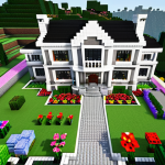 **Exterior of a Luxurious Minecraft Mansion:** A sprawling Minecraft mansion built on a lush hilltop overlooking a vibrant, blocky landscape. The mansion features white quartz walls, dark oak accents, large glass windows, and a beautifully landscaped garden with colorful flowers and a winding cobblestone path. Focus on showcasing the grandeur and architectural details of the mansion.