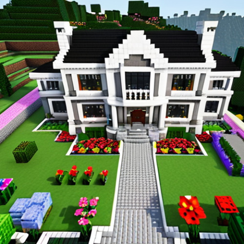 **Exterior of a Luxurious Minecraft Mansion:** A sprawling Minecraft mansion built on a lush hilltop overlooking a vibrant, blocky landscape. The mansion features white quartz walls, dark oak accents, large glass windows, and a beautifully landscaped garden with colorful flowers and a winding cobblestone path. Focus on showcasing the grandeur and architectural details of the mansion.