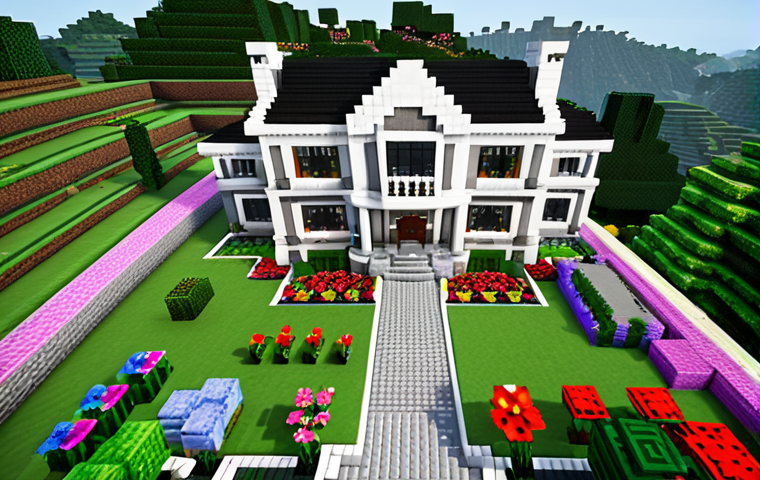 **Exterior of a Luxurious Minecraft Mansion:** A sprawling Minecraft mansion built on a lush hilltop overlooking a vibrant, blocky landscape. The mansion features white quartz walls, dark oak accents, large glass windows, and a beautifully landscaped garden with colorful flowers and a winding cobblestone path. Focus on showcasing the grandeur and architectural details of the mansion.