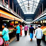 **

"A bustling scene at Pasar Seni (Central Market) in Kuala Lumpur, Malaysia. Vendors are selling traditional batik fabrics, handicrafts, and local snacks. The architecture is a mix of colonial and modern styles. People are dressed in colourful baju kurung and baju melayu. Bright daylight, high-resolution, safe for work, appropriate content, fully clothed, family-friendly, professional photography, perfect anatomy, natural proportions."

**