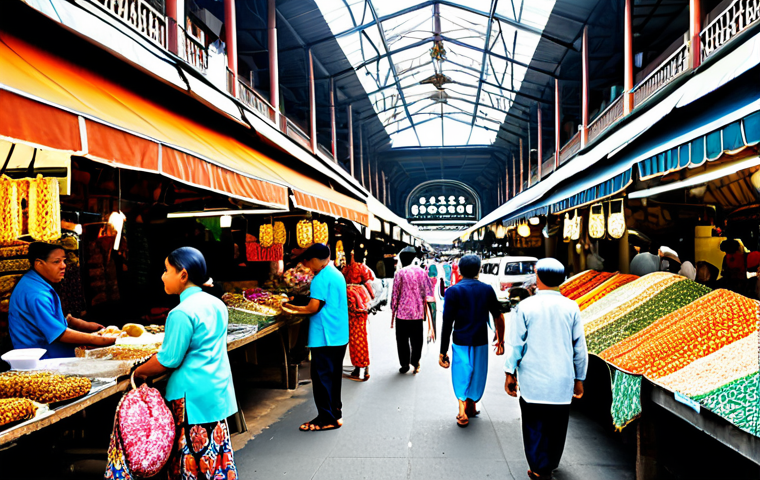 **
"A bustling scene at Pasar Seni (Central Market) in Kuala Lumpur, Malaysia. Vendors are selling traditional batik fabrics, handicrafts, and local snacks. The architecture is a mix of colonial and modern styles. People are dressed in colourful baju kurung and baju melayu. Bright daylight, high-resolution, safe for work, appropriate content, fully clothed, family-friendly, professional photography, perfect anatomy, natural proportions."
**