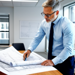 ** A professional architect, fully clothed in appropriate office attire, reviewing blueprints in a bright, modern architectural firm office. Safe for work, perfect anatomy, natural proportions, professional, well-lit, appropriate content, modest attire.

**