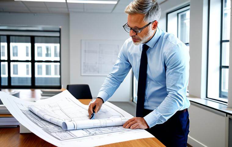 ** A professional architect, fully clothed in appropriate office attire, reviewing blueprints in a bright, modern architectural firm office. Safe for work, perfect anatomy, natural proportions, professional, well-lit, appropriate content, modest attire.

**