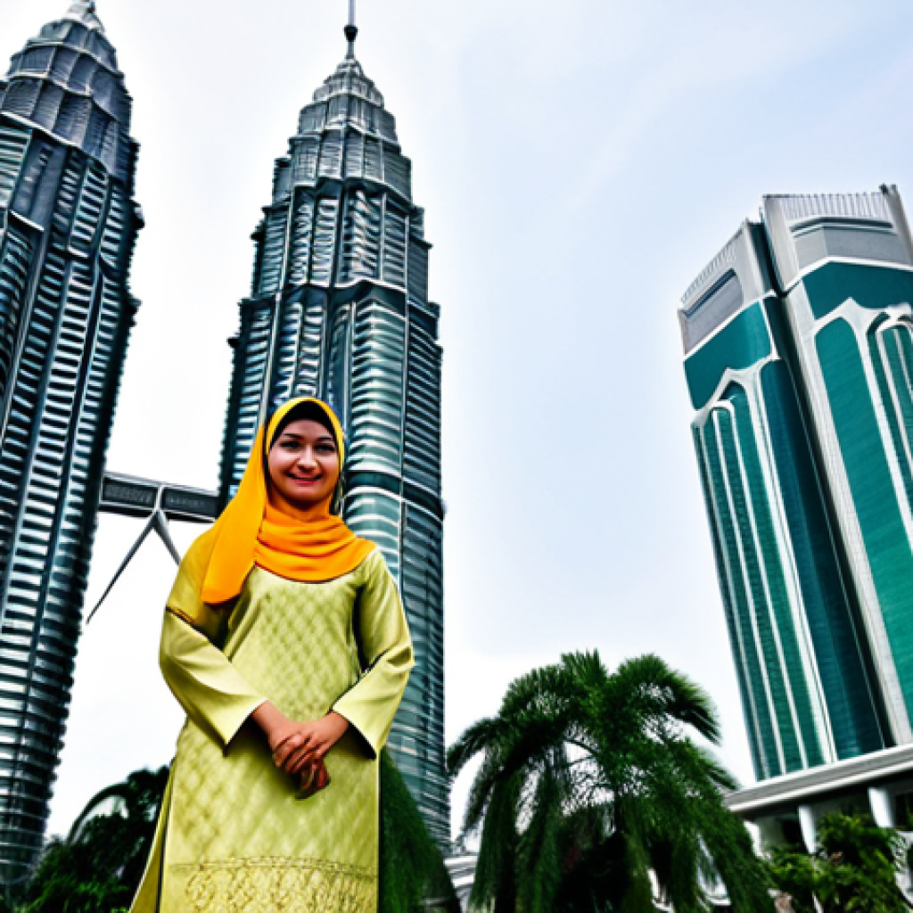 마인크래프트 서바이벌 공략법 - **Prompt:** A Malaysian woman wearing a baju kurung, standing in front of the Petronas Twin Towers i...